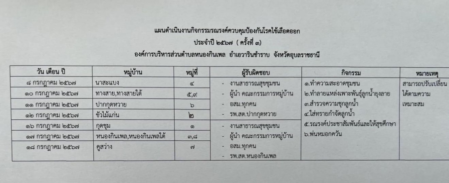 แผนปฏิบัติงานพ่นหมอกควัน ป้องกันโรคไข้เลือดออกประจำปี2567