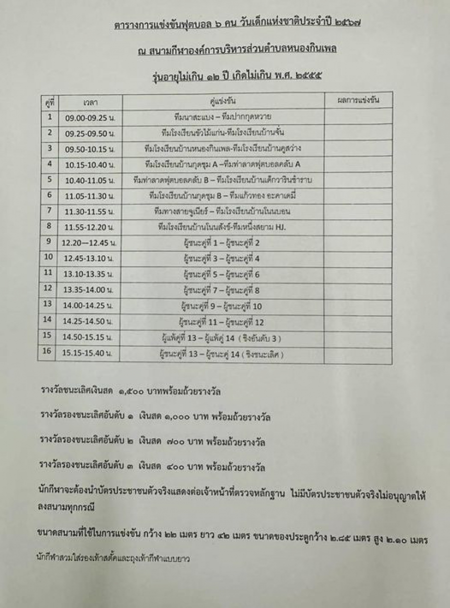 #แจ้งตารางการแข่งขันฟุตบอล 6 คน